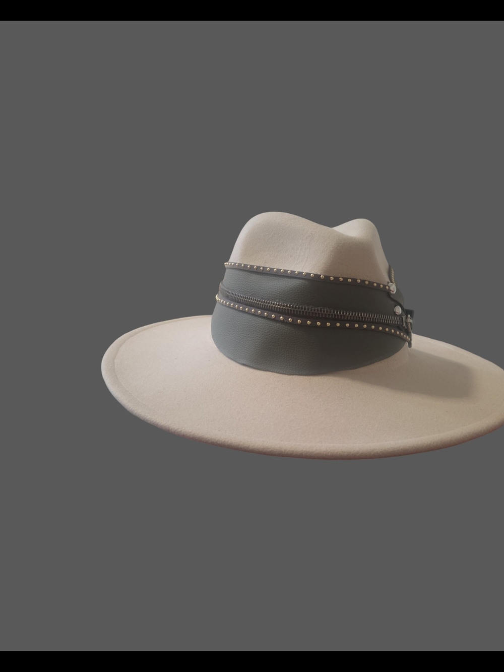 Wide Brim Wool Fedora Hat with Studded Band - Cream and Gray One Sz